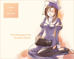  1girl animal_on_lap black_cat black_thighhighs cat cat_on_lap celestial_s closed_eyes commentary_request cross cross_necklace dress english_text full_body hat jewelry juliet_sleeves long_sleeves lowres medium_hair milestone_celebration necklace on_lap petting priest_(ragnarok_online) puffy_sleeves purple_dress purple_hat qingdai_guanmao ragnarok_online side_slit smile solo thigh-highs 