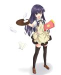  :d apron badge black_legwear blue_eyes glass highres long_hair looking_at_viewer menu napkin open_mouth purple_hair shadow shoes simple_background skirt smile solo standing thigh-highs thighhighs tray tsurime waitress white_background working!! yamada_aoi zc zettai_ryouiki 