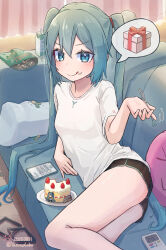  1girl :q aqua_eyes aqua_hair bag_of_chips beckoning breasts cake cake_slice cellphone commentary_request controller couch crumbs curtains dessert dolphin_shorts doodle_inset eating food food-themed_pillow food_bite food_on_face fork fruit hair_between_eyes hair_tie happy_birthday hatsune_miku highres holding holding_fork icing image_in_speech_bubble indoors juice_box light_blush long_hair looking_at_viewer lying motion_lines on_couch on_side phone plate plush_food remote_control shirt shorts small_breasts smartphone smile smug solo spring_onion strawberry strawberry_shortcake stuffed_food t-shirt thighs tongue tongue_out twintails twitter_username v-shaped_eyebrows very_long_hair vocaloid white_shirt yasuno-labo 