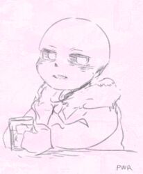  1boy 2016 2d artist_name cup half-closed_eyes hollow_eyes hood hood_down hooded_jacket humanoid jacket lowres male male_focus male_only monochrome monster monster_boy mug open_clothes open_jacket powaro02 sans_(undertale) shirt simple_background skeleton sketch solo teeth traditional_media undead undertale utdr_(toby_fox) white_background 