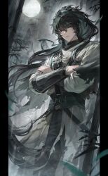  1boy absurdres arm_armor black_hair black_pants cloak closed_mouth commentary crossed_arms full_moon grey_eyes hair_between_eyes half-closed_eyes highres long_hair looking_at_viewer male_focus moon pants pillarboxed qiuyuan_(wuthering_waves) rain solo white_cloak wind wuthering_waves zani_journey 