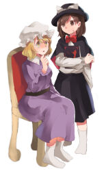  2girls black_capelet black_skirt blonde_hair book bow bowtie brown_eyes brown_hair capelet chair dr.latency&#039;s_freak_report fedora full_body hat highres holding holding_book maribel_hearn mob_cap multiple_girls purple_shirt purple_skirt shirt shukinuko sitting skirt socks touhou usami_renko white_background white_shirt white_socks yellow_eyes 
