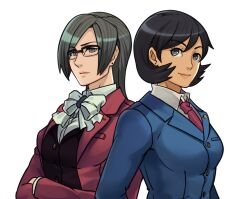  2girls ace_attorney black_eyes black_hair blue_jacket bow bowtie breasts brown_eyes cioccolatodorima commentary crossed_arms earrings english_commentary expressionless genderswap genderswap_(mtf) jacket jewelry medium_breasts miles_edgeworth multiple_girls necktie phoenix_wright red_jacket red_necktie smile stud_earrings white_bow white_bowtie 