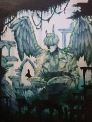 1boy arch areuwuu book broken_horn broken_wing bush collared_shirt colosseum day demon_horns feathered_wings forest highres holding holding_book horns jacket kim_dokja male_focus mini_person miniboy moss nature no_eyes omniscient_reader&#039;s_viewpoint open_book open_clothes open_jacket outdoors overgrown painterly partially_shaded_face plant ruins scenery shirt silhouette standing statue traditional_media translation_request tree vines wings yoo_joonghyuk 
