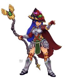  1girl absurdres argyle_clothes argyle_thighhighs armor armored_boots bestfriendforever blue_hair boots breasts cape commentary commission completionist_cape_(t)_(runescape) cuirass dang_(runescape) duellist&#039;s_cap_(tier_6) english_commentary fingerless_gloves fire full_body fur-trimmed_legwear fur_trim gem gloves glowing_hat gold_trim green_gemstone hat highres holding holding_staff long_hair mage_staff medium_breasts old_school_runescape orange_eyes original pink_fire plate_armor pointing red_cape runescape second-party_source signature smile solo staff staff_of_armadyl_(runescape) standing transparent_background weapon yellow_eyes zettai_ryouiki 