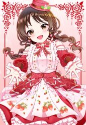  1girl blush bow bowtie braid brown_eyes brown_hair commentary_request dress eating feet_out_of_frame food_print fruit_print hat highres idolmaster long_hair looking_at_viewer nimoji open_mouth pink_background pink_dress simple_background solo standing strawberry_print tachibana_arisu twin_braids 