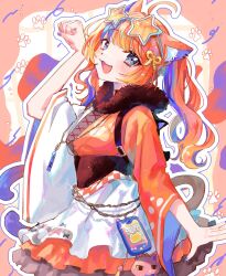  1girl 3968 :3 ahoge animal_ear_fluff animal_ear_piercing animal_ears apron asymmetrical_sleeves blue_eyes blue_hair blue_nails blush braid cat_ears cat_girl cat_tail cellphone cellphone_charm chain charm_(object) checkered_clothes cowboy_shot eyewear_on_head frilled_skirt frills from_side fur_collar gradient_hair gradient_tail hair_ornament hand_up highres japanese_clothes kimono kimono_skirt layered_skirt long_hair looking_at_viewer mismatched_sleeves multicolored_hair multicolored_kimono multiple_tails nail_polish nekomata nekoyashiki_miku nijisanji obi open_mouth orange-tinted_eyewear orange_hair outline paw_pose paw_print paw_print_background phone red_hair red_kimono rope sash shimenawa skirt smile solo standing star-shaped_eyewear star_(symbol) streaked_hair stuffed_animal stuffed_cat stuffed_toy sunglasses tail tinted_eyewear twintails twintails_with_braided_base two_tails virtual_youtuber waist_apron white_apron white_kimono white_outline wide_sleeves 