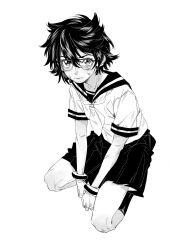  1girl bruise bruise_on_face chinese_commentary commentary glasses greyscale hair_between_eyes highres injury jiguang_haibao kneehighs miniskirt momijiyama_teru monochrome neckerchief pleated_skirt sailor_collar school_uniform shirt short_hair short_sleeves shy_(series) skirt socks solo squatting wristband 