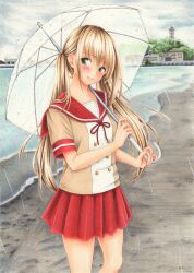  1girl absurdres beach blonde_hair blush closed_mouth commentary_request cowboy_shot day highres holding holding_umbrella long_hair looking_at_viewer marker_(medium) midori_(mira567) miniskirt neck_ribbon original outdoors overcast partial_commentary pleated_skirt rain red_ribbon red_sailor_collar red_skirt ribbon sailor_collar school_uniform serafuku short_sleeves skirt sky solo standing straight_hair traditional_media twintails two-tone_shirt umbrella white_umbrella 