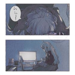  2girls ahoge black_shirt blonde_hair blue_hair bocchi_the_rock! commentary_request cuddling hair_down hood hoodie ijichi_nijika instrument keyboard_(instrument) long_hair monitor moriinakasa multiple_girls shirt short_hair speaker speech_bubble watermark yamada_ryo yuri 