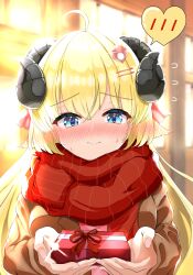  1girl absurdres ahoge alternate_costume animal_ears blonde_hair blush brown_jacket closed_mouth gift hair_ornament hairpin highres holding holding_gift hololive horns inokeiwd jacket long_hair looking_at_viewer red_scarf scarf sheep_ears sheep_girl sheep_horns solo spoken_blush tsunomaki_watame very_long_hair virtual_youtuber 