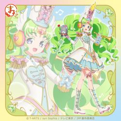  1girl :d band_uniform boots border colored_eyelashes commentary_request copyright_notice dress epaulettes falulu falulu&#039;s_non falulu_(awakened) forehead_jewel full_body green_hair grey_eyes hair_ornament headphones heart idol_clothes knee_boots long_hair long_sleeves looking_at_viewer official_art open_mouth parted_bangs pretty_series pripara sash second-party_source smile sparkle standing twintails white_boots white_dress wing_hair_ornament 