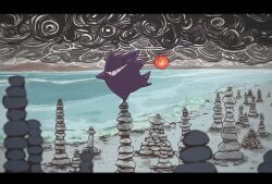  beach clouds cloudy_sky full_body gengar ghost grin holding holding_lantern isutai lantern looking_at_viewer no_humans outdoors paper_lantern pokemon pokemon_(creature) pokemon_focus rock_balancing simple_background sky smile solo standing 