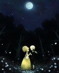  1girl amekounidonburi blue_eyes bow brown_hair couple dark dress elisabeth_von_wettin flow flower flower_field forest formal full_moon gown hair_bow hand_holding hands holding_hands ido_e_itaru_mori_e_itaru_ido leaf leggings long_hair madalshimo marchen marz_von_ludowing moon nature night payot ponytail red_eyes shoes sky sound_horizon standing star_(sky) starry_sky touching white_legwear yellow_dress 