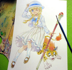  1girl agahari animal arm_up art_brush art_tools_in_frame black_shoes blonde_hair blue_bow blue_bowtie blue_eyes bow bowler_hat bowtie braid commentary_request dragon_quest dragon_quest_xi full_body great_sabrecub green_eyes hair_over_shoulder hat holding holding_staff jacket looking_at_viewer mary_janes official_alternate_costume one_eye_closed open_mouth paintbrush painting_(medium) photo_(medium) pleated_skirt school_uniform shirt shirt_tucked_in shoes skirt smile socks staff traditional_media twin_braids veronica_(dq11) white_hat white_jacket white_shirt white_skirt white_socks women&#039;s_medal_academy_school_uniform 