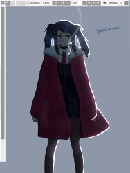  1girl absurdres black_hair cigarette coat highres jill_stingray long_hair necktie pantyhose red_coat red_eyes red_necktie smoke unkn0wn_mama va-11_hall-a 