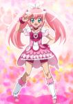  ahoge bike_shorts blue_eyes boots bowtie brooch choker dress hair_ornament hairpin hand_on_hip hips jewelry long_hair magical_girl original pink pink_background pink_dress pink_hair pomeranianko precure shorts_under_skirt skirt smile solo twintails v wrist_cuffs 