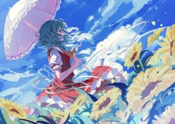  1girl ascot blue_sky blush field flower flower_field from_side green_hair holding holding_umbrella kazami_yuuka looking_afar open_clothes open_vest parasol plaid_clothes plaid_skirt plaid_vest red_eyes red_vest ringo_no_usagi skirt skirt_set sky solo sunflower sunflower_field touhou umbrella vest wind yellow_ascot 