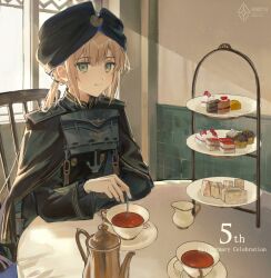  1boy androgynous black_cape black_poncho black_turban blonde_hair buttons cake cake_slice cake_stand cape captain_nemo_(fate) captain_nemo_(third_ascension)_(fate) creamer_(vessel) cup cupcake dessert double-breasted fate/grand_order fate_(series) food gold_trim green_eyes hat_feather holding holding_spoon long_hair looking_at_viewer low_twintails military_uniform naval_uniform nemo_(fate) saucer sherry_0014 sitting smile solo spoon sweets table tea_set teacup teapot tiered_tray turban twintails 