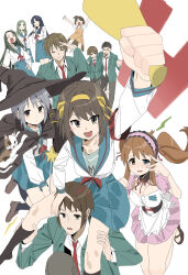  4boys 6+girls absurdres apron armband asahina_mikuru asakura_ryoko black_hair black_hat black_socks blazer blue_eyes blue_hair blue_sailor_collar blue_skirt brown_eyes brown_shoes calico_(pattern) calico_cat carrying cat clenched_hand closed_eyes closed_mouth collared_shirt commentary_request corset dress everyone facing_viewer green_hair green_jacket hair_ribbon hairband hand_on_another&#039;s_head happy hat heterochromia highres holding holding_megaphone holding_wand jacket kimidori_emiri kita_high_school_uniform kneehighs koizumi_itsuki kunikida_(suzumiya_haruhi) kyon kyon&#039;s_sister loafers long_hair long_sleeves looking_at_viewer maid maid_apron mangpum_(taro109210) megaphone multiple_boys multiple_girls nagato_yuki necktie official_alternate_costume open_clothes open_jacket open_mouth orange_dress pinafore_dress pink_dress pleated_skirt purple_hair red_armband red_necktie red_ribbon ribbon sailor_collar school_uniform serafuku shamisen_(suzumiya_haruhi) shirt shoes short_hair shoulder_carry side_ponytail skirt sleeveless sleeveless_dress smile socks sos_brigade suzumiya_haruhi suzumiya_haruhi_no_yuuutsu taniguchi_(suzumiya_haruhi) tsuruya v v_over_eye wand white_shirt winter_uniform witch_hat yellow_hairband yellow_ribbon 