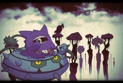  black_border border closed_eyes eating ferrothorn food full_body gengar ghost grey_background isutai looking_at_viewer mandibuzz no_humans onigiri open_mouth pokemon pokemon_(creature) pokemon_focus silhouette simple_background sitting spikes yellow_eyes 