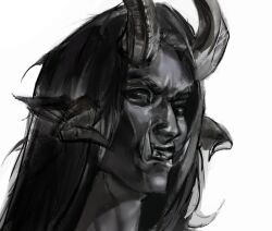  1boy aegyo_sal black_eyes dark-skinned_male dark_skin demon_boy demon_horns ellieaedon extra_horns fangs greyscale highres horns long_hair looking_at_viewer male_focus monochrome narrowed_eyes official_alternate_costume pointy_ears portrait shadow_slave sidelocks solo sunny_(shadow_slave) 