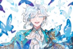  1boy :d aqua_gemstone aqua_hair aqua_jacket aqua_vest ascot blue_butterfly blue_eyes blue_eyeshadow blue_gemstone blurry braid brooch bug butterfly butterfly_brooch butterfly_earrings collared_shirt colored_eyelashes curtained_hair depth_of_field ear_chain ear_piercing earrings english_commentary euthalia_zephyr eyeshadow gem gold_trim hair_between_eyes hakukanmou half-closed_eyes highres jacket jewelry lapel_pin lapels linked_piercing looking_at_viewer makeup male_focus mixed-language_commentary multicolored_hair notched_lapels piercing pixela_project shirt short_hair side_braid smile solo straight-on streaked_hair stud_earrings teeth thai_commentary upper_body upper_teeth_only vest virtual_youtuber white_ascot white_background white_eyelashes white_hair white_shirt 