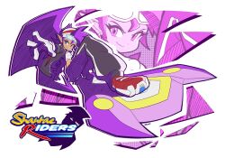  absurdres black_jacket blue_eyes dark-skinned_female dark_skin highres jacket purple_hair purple_lightning rotze shantae shantae_(series) shirt shoes skateboard sneakers solo sonic_(series) sonic_riders_(series) white_background white_shirt 