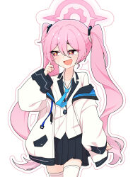  +_+ 1girl :d absurdres averting_eyes blue_archive blue_necktie blush collared_shirt densaneraa finger_to_cheek hair_between_eyes halo hand_up highres jacket koyuki_(blue_archive) long_hair long_sleeves mechanical_halo necktie nervous_smile open_mouth pink_eyes pink_hair pink_halo scratching_cheek shirt skirt smile solo sweatdrop thigh-highs twintails white_background white_jacket 