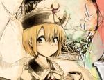  1girl blonde_hair bust character_name crescent cup curtains face harusame_(unmei_no_ikasumi) hat lunasa_prismriver short_hair solo touhou yellow_eyes 