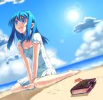  barefoot beach blue_eyes blue_hair book dress injury lens_flare original scar scratches solo starfish tearing_up white_dress 