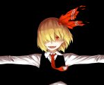  :d black black_background blonde_hair dark hair_over_one_eye hair_ribbon kahasina kawashina_(momen_silicon) light_trail long_sleeves looking_at_viewer necktie open_mouth outstretched_arms ribbon rumia short_hair smile solo spread_arms touhou youkai 