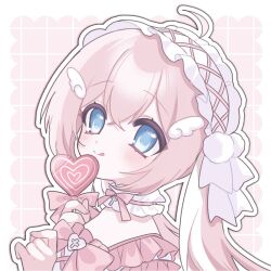  1girl :q ahoge blue_eyes border borrowed_character bow bowtie brooch candy closed_mouth collar commentary_request commission crossed_bangs double-parted_bangs food frilled_collar frilled_hairband frilled_shirt frills grid_background hair_ornament hairband hands_up heart heart-shaped_food heart-shaped_lollipop heart_brooch holding holding_candy holding_food holding_lollipop jewelry light_blush light_smile lollipop long_hair multicolored_hair mumumo original outline outline_with_lineart pale_skin pastel_colors pink_background pink_bow pink_bowtie pink_hair pink_shirt pink_theme pom_pom_hat_ornament portrait second-party_source shaped_lollipop shirt solo streaked_hair tareme tongue tongue_out twintails white_border white_collar white_hair white_outline wing_hair_ornament yume_kawaii 