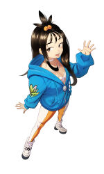  1girl :d absurdres black_hair blue_hoodie blush_stickers choker collarbone commentary_request cube_hair_ornament full_body hair_ornament hand_up happy heydove highres hood hood_down hoodie korean_commentary leggings lida_(pokemon) long_hair long_sleeves open_mouth pokemon pokemon_legends:_z-a print_shirt shirt shoes sidelocks simple_background smile socks solo standing teeth topknot upper_teeth_only white_background white_choker white_shoes white_socks 
