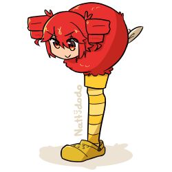  1girl absurdres animalization artist_name bird bird_tail birdbrain_(synthesizer_v) closed_mouth commentary crocs drill_hair english_commentary feathers highres kasane_teto kasane_teto_(sv) missing_limb nattydodo_002 pantyhose photo-referenced red_bird red_eyes red_feathers red_hair shadow shoes shorts signature smile solo standing standing_on_one_leg striped_clothes striped_pantyhose synthesizer_v tail twin_drills white_background yellow_pantyhose yellow_shoes yellow_shorts 