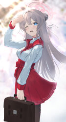  1girl absurdres arm_up bag black_pantyhose black_ribbon blue_archive blue_eyes blurry blurry_background blush bow bow_skirt braid bun_with_braided_base commentary cowboy_shot day eyelashes from_side grey_hair hair_between_eyes hair_bun hair_intakes hair_ribbon halo high-waist_skirt highres holding holding_bag koutannkoburia lens_flare long_hair long_sleeves looking_at_viewer mimori_(blue_archive) one_eye_closed open_mouth outdoors pantyhose pink_halo pleated_skirt red_bow red_sailor_collar red_skirt ribbon sailor_collar school_uniform serafuku shading_eyes shirt single_hair_bun skirt solo standing straight_hair sunlight very_long_hair wavy_mouth white_shirt 