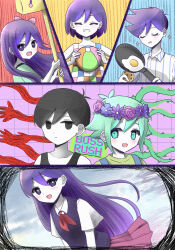  2girls 4boys antenna_hair aubrey_(headspace)_(omori) aubrey_(omori) ball basil_(headspace)_(omori) basil_(omori) black_eyes black_hair black_tank_top blush bow chocolate_chip_cookie closed_mouth collarbone collared_shirt colored_skin cookie double-parted_bangs expressionless flower flower_wreath food fried_egg frying_pan green_eyes green_hair green_shirt grin hair_bow head_wreath hero_(headspace)_(omori) hero_(omori) highres holding holding_ball holding_cookie holding_food holding_frying_pan kel_(headspace)_(omori) kel_(omori) long_hair long_sleeves looking_at_another mailbox_(incoming_mail) mari_(headspace)_(omori) mari_(omori) multiple_boys multiple_girls neckerchief omori omori_(omori) open_mouth pajamas pink_bow plant pleated_skirt purple_hair purple_sweater_vest red_neckerchief red_skirt revision shirt short_hair skirt smile sparkle striped_clothes striped_pajamas sweater_vest tank_top teeth thorns true_erg vertical-striped_clothes vertical-striped_pajamas vines violet_eyes white_shirt white_skin 