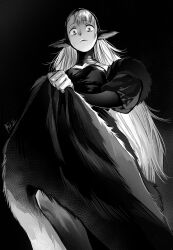  1girl absurdres bags_under_eyes bare_shoulders black_background corset detached_hood dress dungeon_meshi ear_covers fur-trimmed_dress fur-trimmed_sleeves fur_trim furrowed_brow greyscale hashtag-only_commentary highres hood infinity_symbol lifting_own_clothes long_hair looking_at_viewer marcille_donato marcille_donato_(lord) monochrome signature solo spoilers symbol-shaped_pupils very_long_hair y95438370 