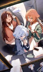  3girls black_jacket blue_eyes blue_hair boo_tao_(genshin_impact) breasts brown_hair brown_jacket comb floral_print floral_print_kimono flower flower-shaped_pupils furina_(genshin_impact) genshin_impact green_eyes hair_between_eyes heterochromia highres holding holding_carton holding_comb holding_milk_carton horns hu_tao_(genshin_impact) imasaki_kei jacket japanese_clothes kimono long_hair long_sleeves milk_carton multicolored_hair multiple_girls one_eye_closed open_mouth pink_hair print_kimono red_eyes smile streaked_hair symbol-shaped_pupils white_hair white_kimono yanfei_(genshin_impact) yukata 