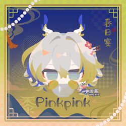  1girl aqua_eyes arknights blonde_hair blue_hair blue_horns blush_stickers bowl chibi chibi_only chinese_commentary commentary_request covered_mouth dragon_girl dragon_horns earrings eta eyeliner flower fruit_earrings grey_hair hair_between_eyes hair_flower hair_ornament highres horns jewelry looking_at_viewer makeup multicolored_hair multicolored_horns no_nose red_eyeliner short_hair shu_(arknights) single_earring solo twitter_username watermark white_horns yellow_horns 