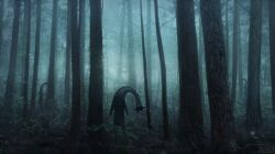  3others amamidori artist_name bare_tree english_commentary fog forest full_body leaf monster multiple_others nature no_eyes no_fingers no_humans no_nose outdoors plant scp-1731-jp scp_foundation standing tree trypophobia 