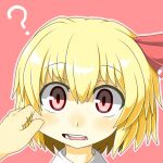 blonde_hair cheek_pinching face hands hecchi_(blanch) pinching pink_background red_eyes rumia simple_background touhou youkai 