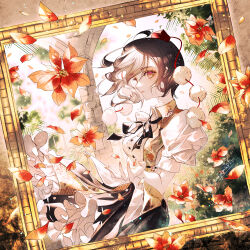  1girl artist_name black_hair black_ribbon black_skirt breasts buttons closed_mouth collared_shirt commentary_request day eyelashes fence floating_hair flower frilled_skirt frills hat highres leaf majamari medium_breasts neck_ribbon open_hand picture_frame pom_pom_(clothes) puffy_short_sleeves puffy_sleeves red_eyes red_flower red_hat ribbon shameimaru_aya shirt short_hair short_sleeves signature skirt solo tokin_hat touhou white_shirt 