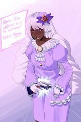  1girl absurdres ascot brooch cowboy_shot dark-skinned_female dark_skin dedhed_art disappointed drawing_gun dress english_text fascinator frilled_ascot frills frown furrowed_brow gloves gold_ring gun hair_ornament handgun highres holding holding_gun holding_weapon jacinthe_(pokemon) jewelry juliet_sleeves long_hair long_sleeves low_drills open_mouth pokemon pokemon_legends:_z-a puffy_sleeves purple_dress purple_hair revolver solo speech_bubble very_dark_skin violet_eyes weapon white_gloves 