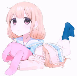  1girl blonde_hair blue_skirt blue_socks cardigan closed_mouth crossed_ankles full_body futaba_anzu grey_eyes highres holding holding_stuffed_toy idolmaster idolmaster_cinderella_girls idolmaster_cinderella_girls_starlight_stage long_hair looking_at_viewer low_twintails lying on_stomach pleated_skirt sailor_collar simple_background skirt socks solo stuffed_animal stuffed_rabbit stuffed_toy the_pose tsuchi_(sh_spica1) twintails very_long_hair white_background white_sailor_collar yellow_cardigan 