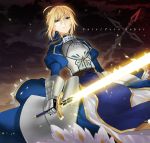  ahoge armor armored_dress blonde_hair character_name command_spell dress excalibur fate/zero fate_(series) glowing glowing_sword glowing_weapon green_eyes hair_ribbon kyou_zip ribbon saber solo sword title_drop weapon 