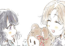  2girls black_hair close-up closed_eyes commentary_request fang from_side fukumaru_koito highres ichikawa_hinana idolmaster idolmaster_shiny_colors long_hair long_sleeves multiple_girls neck_ribbon open_mouth ribbon senda_nara skin_fang stuffed_animal stuffed_toy teddy_bear twintails upper_body violet_eyes white_background 