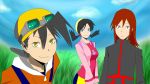  artist_request baseball_cap black_hair blue_eyes crystal_(pokemon) durarara!! goggles goggles_on_head gold_(pokemon) hat highres parody pokemon pokemon_special red_hair redhead silver_(pokemon) simple_background smile style_parody twintails 