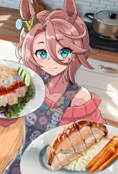  1girl absurdres animal_ears apron blue_eyes blush brown_hair carrot chicken_(food) collarbone commentary_request cooking cooking_pot ear_ornament food food_focus hainanese_chicken_rice hair_between_eyes highres holding holding_food horse_ears horse_girl narita_taishin_(umamusume) plate print_apron rice shikibara_fukka smile solo umamusume 