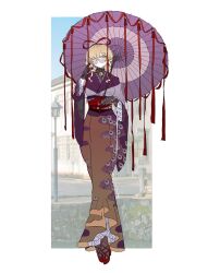  1girl adjusting_eyewear alternate_costume arm_up asymmetrical_bangs black_gloves black_shirt black_socks blonde_hair border brooch brown_kimono chain chain_necklace closed_mouth commentary cross-laced_shoes eye_print floral_print frilled_kimono frills glasses gloves gold_necklace hair_over_one_eye hair_ribbon highres holding holding_umbrella japanese_clothes jewelry kimono long_sleeves medium_sidelocks multicolored_kimono necklace obi parasol purple_kimono red_ribbon red_sash red_shoes ribbon round_eyewear sash shirt shoes short_hair socks solo tinted_eyewear touhou town turtleneck turtleneck_shirt umbrella walking white_border wide_sleeves yakumo_yukari yellow_eyes zenritsu 